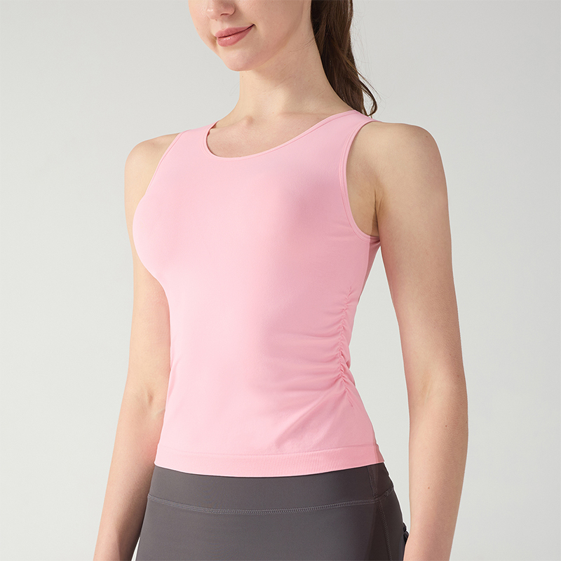 Tops deportivos suaves sin mangas de color rosa con ribetes laterales plisados